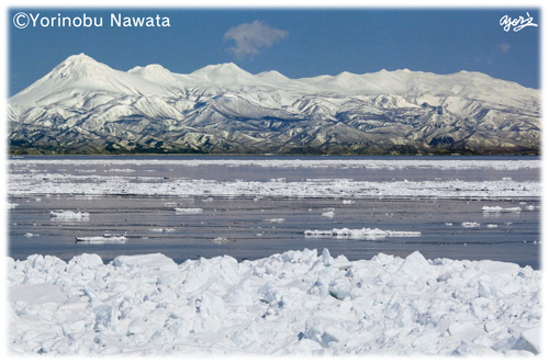 流氷と知床連山／写真転載厳禁・プロ写真家なわたよりのぶ